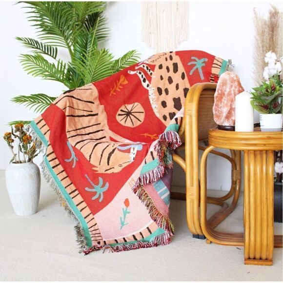 Tiger and Cheetah Boho Orange Woven Throw Blanket Tapestry Big Cats Don’t Cry - Picture 5 of 7